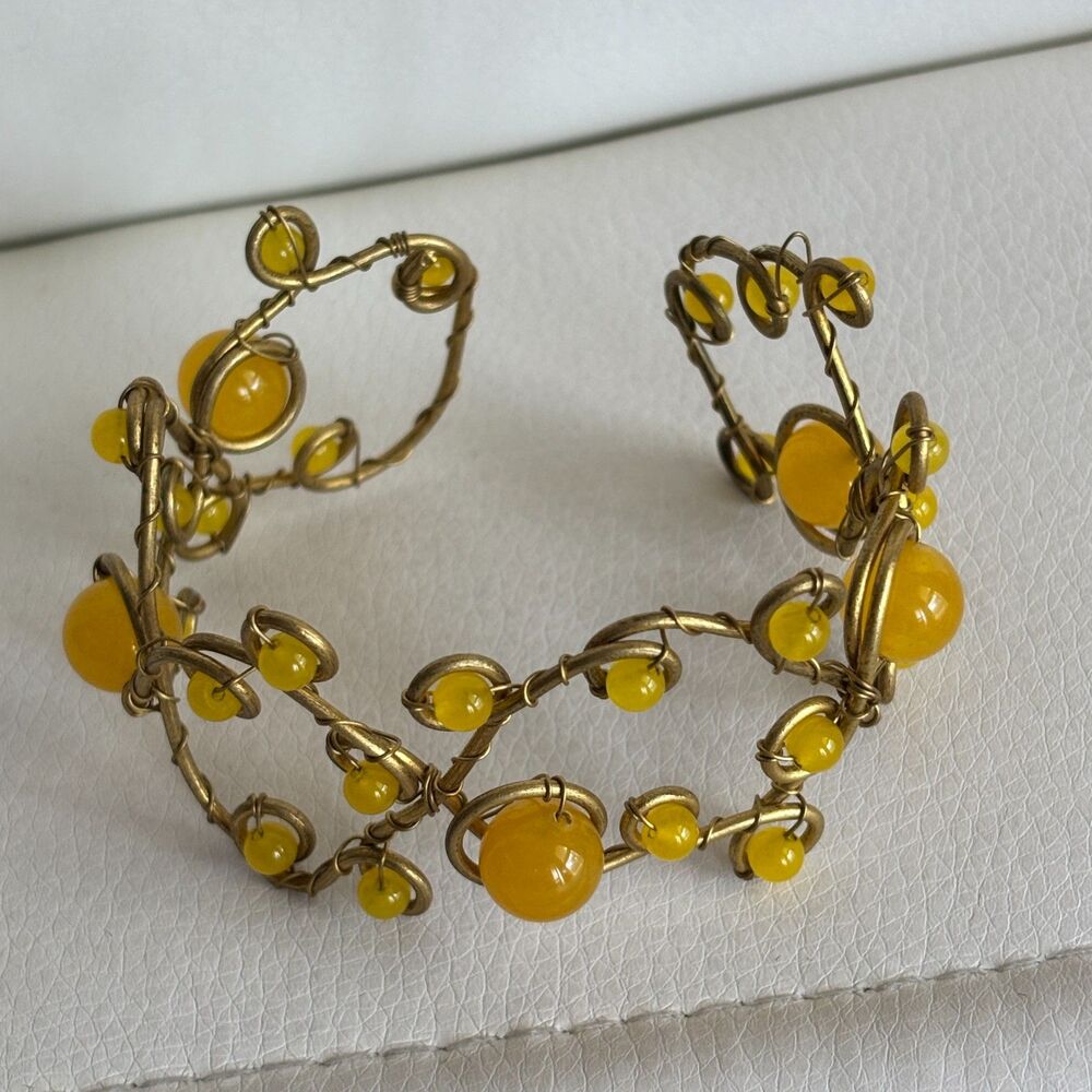 Vintage Yellow Bead Gold Tone Wire Wrap Cuff Bracelet Boho Artisan Statement